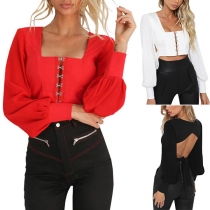 Sexy Backless Square Collar Long Sleeve Solid Color Crop Top 