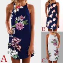 Fashion Printed Round Neck Slim Fit Sling Dress