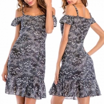 Sexy Off-shoulder Ruffle Hem Printed Sling Dress