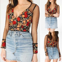 Sexy Deep V-neck Gauze Spliced Long Sleeve Embroidered Crop Top 