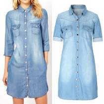 Fashion Half Sleeve POLO Collar Single-breasted Denim Dress