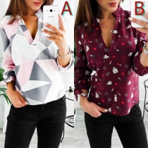 Fashion Long Sleeve V-neck Printed Blouse