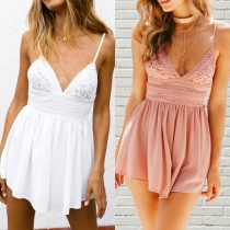 Sexy Backless Deep V-neck Lace Spliced Sling Romper