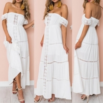 Sexy Off-shoulder Boat Neck Lace Spliced Solid Color Dress