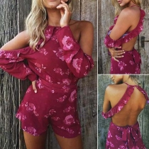 Sexy Backless Off-shoulder Long Sleeve Printed Romper