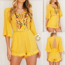 Ethnic Style Half Sleeve High Waist Embroidered Romper