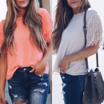 Fashion Solid Color Tassel Short Sleeve Round Neck Top