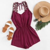 Sexy Backless V-neck Hairball Spliced Solid Color Halter Romper