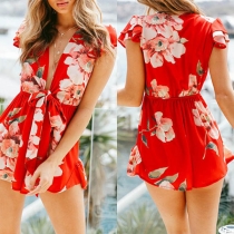Sexy Deep V-neck Short Sleeve Printed Romper 