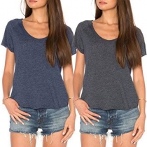 Sexy Backless Short Sleeve Round Neck Solid Color T-shirt