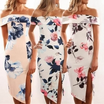 Sexy Off-shoulder Boat Neck Slit Hem Slim Fit Printed Dress