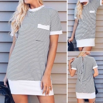 Sexy Backless Short Sleeve Round Neck Striped Dress