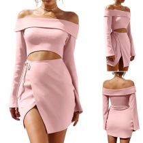 Sexy Off-shoulder Boat Neck Long Sleeve Hollow Out High Waist Irregular Hem Dress