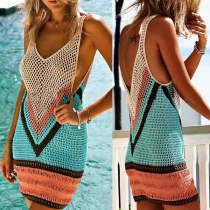 Sexy Backless V-neck Contrast Color Hollow Out Knit Bikini Smock 