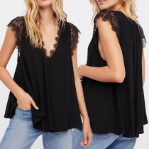 Fashion Solid Color Sleeveless V-neck Lace Spliced Loose Top 