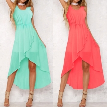 Fashion Solid Color Sleeveless High-low Hem Chiffon Dress