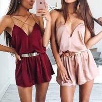 Sexy Backless V-neck Solid Color Sling Romper 