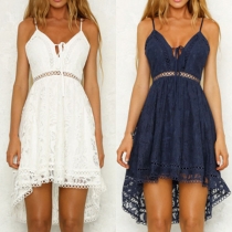 Sexy Backless V-neck High Waist High-low Hem Sling Lace Dress