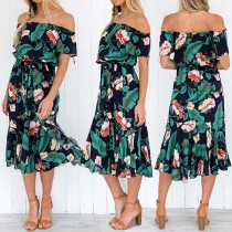 Sexy Off-shoulder Boat Neck Printed Chiffon Dress