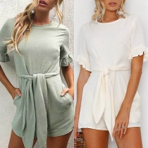 Fashion Solid Color Short Sleeve Round Neck Lace-up Romper