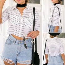 Fashion Short Sleeve POLO Collar Short-style Striped Shirt