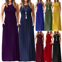 Elegant Solid Color Sleeveless Round Neck High Waist Maxi Dress