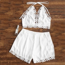 Sexy Backless Halter Crop Top + High Waist Shorts Two-piece Set 
