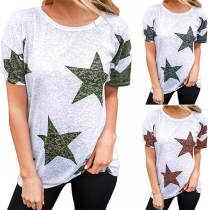 Fashion Short Sleeve Round Neck Star Printed Loose T-shirt 