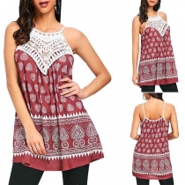 Sexy Backless Lace Spliced Printed Sling Top 