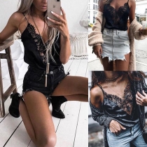 Sexy Backless V-neck Lace Spliced Solid Color Cami Top 