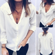Fashion Solid Color Long Sleeve V-neck Blouse 