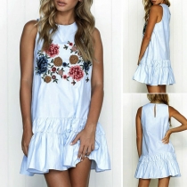 Fashion Sleeveless Round Neck Ruffle Hem Embroidered Dress