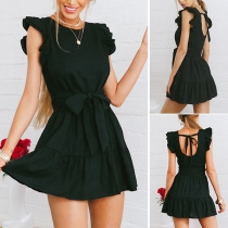 Sexy Backless Sleeveless Round Neck Solid Color Ruffle Dress