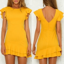 Fashion Solid Color Lotus Sleeve Ruffle Hem Mini Dress