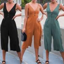 Sexy Backless Deep V-neck Sleeveless High Waist Solid Color Jumpsuit 