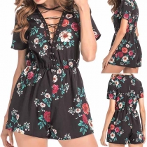Fashion Short Sleeve Lace-up V-neck High Waist Printed Romper 