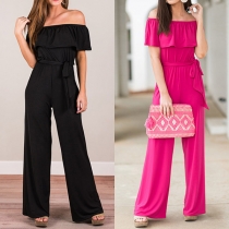 Sexy Off-shoulder Boat Neck High Waist Solid Color Jumpsuit 
