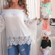 Sexy Off-shoulder Boat Neck Trumpet Sleeve Lace Spliced Chiffon Top 