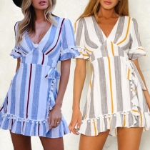 Fashion Short Sleeve V-neck Hairball Spliced Striped Dress