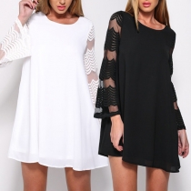 Fashion Solid Color Gauze Spliced Long Sleeve Round Neck Loose Dress