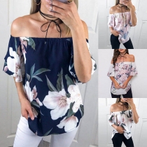 Sexy Off-shoulder Boat Neck Lotus Sleeve Printed Loose Top 