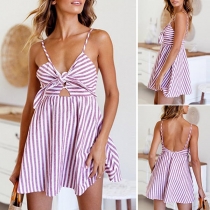 Sexy Backless V-neck High Waist Sling Striped Dress