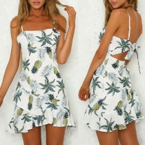 Sexy Backless Ruffle Hem Pineapple Printed Sling Dress