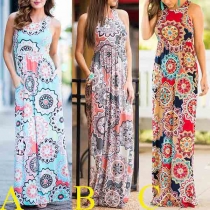 Fashion Sleeveless Round Neck High Waist Printed Maxi Dress