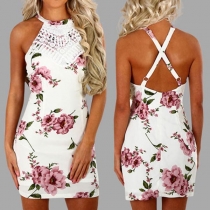 Sexy Crossover Backless Lace Spliced Slim Fit Printed Dress