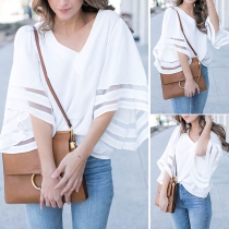 Fashion Solid Color Trumpet Sleeve V-neck Loose Top 