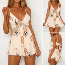 Sexy Backless V-neck Hollow Out High Waist Printed Sling Romper 