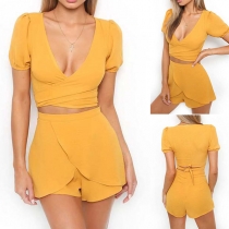 Sexy Deep V-neck Lace-up Crop Top + High Waist Shorts Two-piece Set 