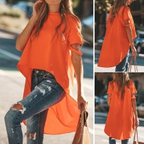 Chic Style Short Sleeve Round Neck High-low Hem Solid Color Top 