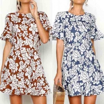 Sexy Backless Trumpet Sleeve Ruffle Printed Dress